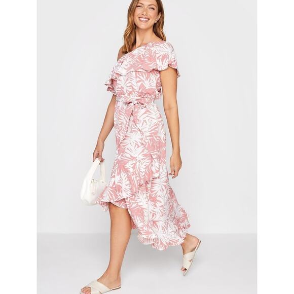 Long Tall Sally LTS One Shoulder Ruffle Floral Midi Dress US 16 Pink Party NEW - Picture 13 of 14